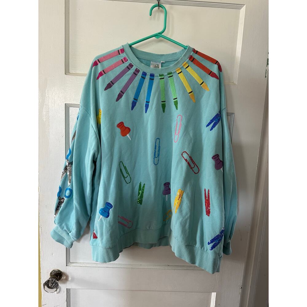 Queen of Sparkles Sequins Mint Green School Supplies Sweatshirt sz XL